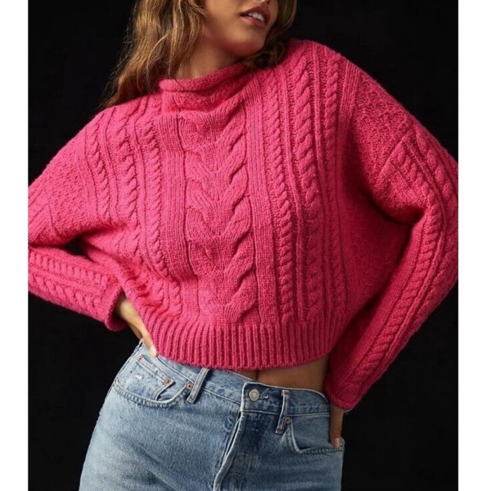 Anthropologie Pilcro Mock-Neck Cable-Knit Sweater - Hot Pink - S
